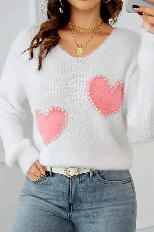 Pearl Beaded Heart Pattern Fuzzy V Neck Sweater Houndstooth Herringbone Solid