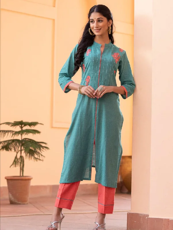 Embroidered Handloom Cotton Kurta Pants Set 3576 Trendy Tapered Pants