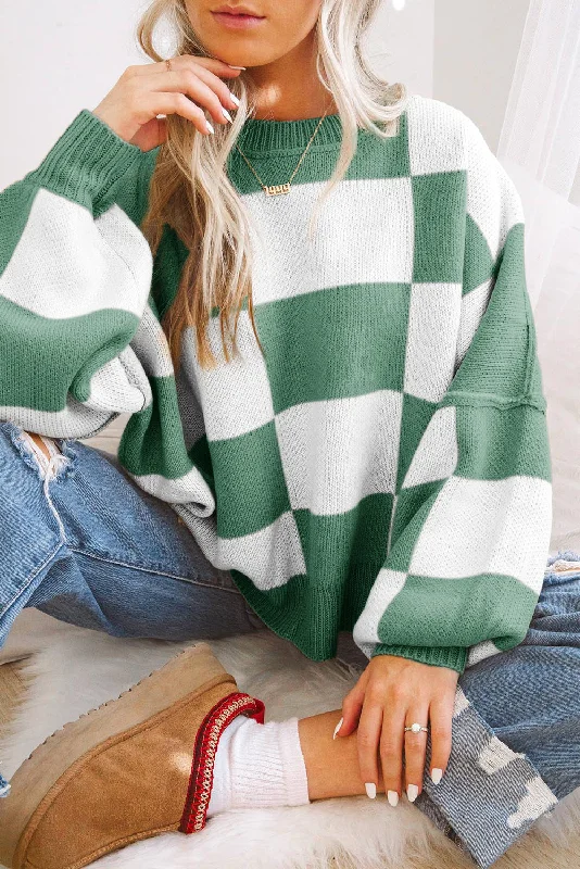 Checkered Bishop Sleeve Sweater Seamless Knitted Crochet
