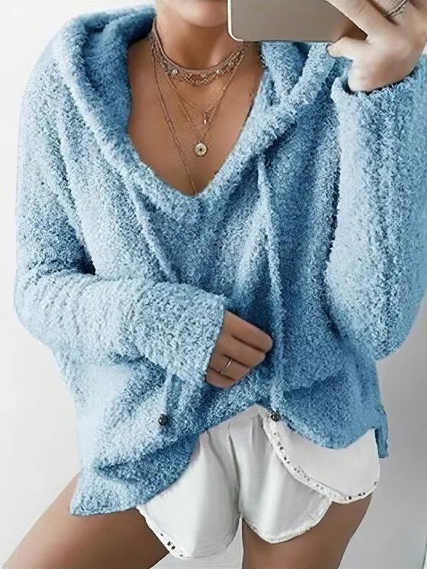 Women's V-Neck Hooded Sweater Layered Multi-layer Single Layer