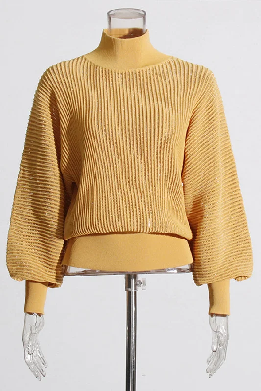 Chic High Neck Glitter Pleated Sweater Ribbed Striped Patterned