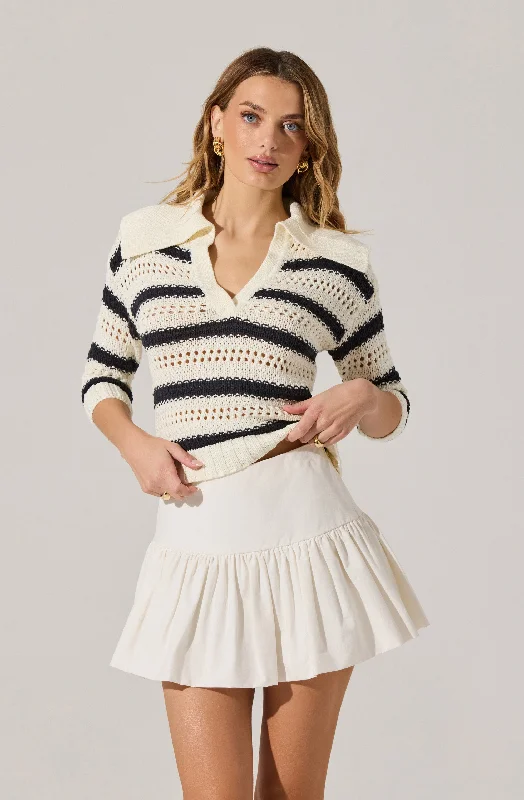 Striped Open Knit Polo Sweater Hooded Sweater Collared Sweater Shawl Collar