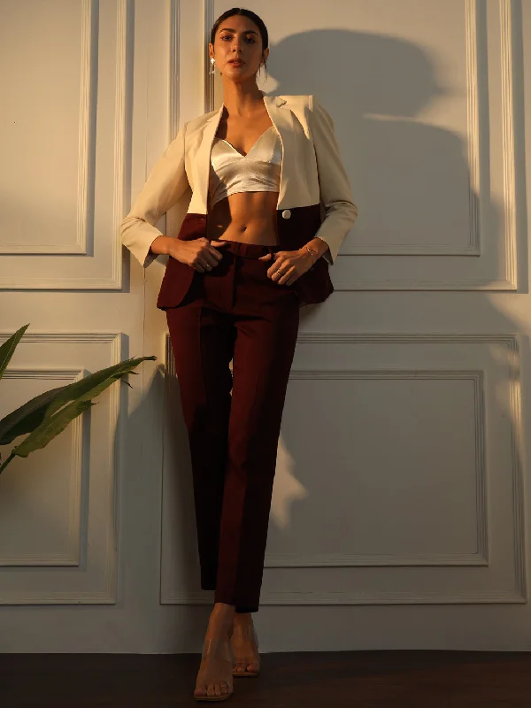 Colour Block Notched Collar Pant Suit - Off White and Maroon Trendy Printed Pants