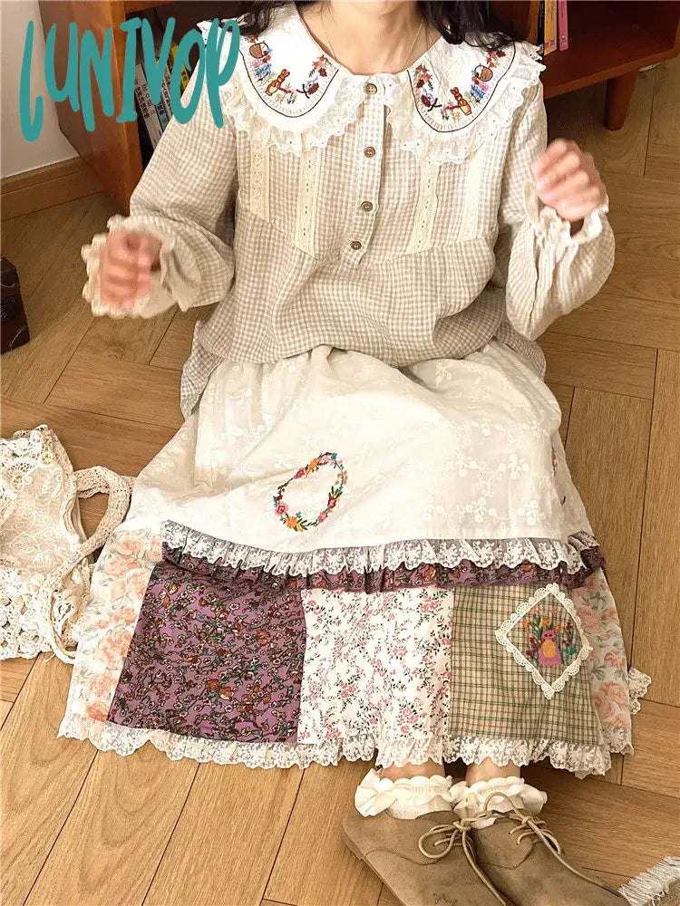Lunivop Vintage Flower Long Cotton Linen Skirt Women Spring Summer Casual Elastic Waist Bohemia Patchwork Pleated Midi Skirt Faldas Saia silk skirt lustrous