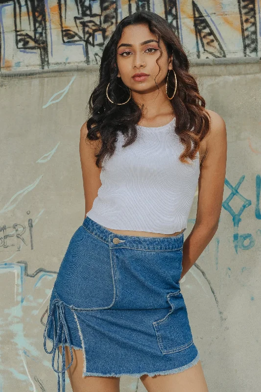 Denim One Side Wrap Around Skirt elastic waist skirt