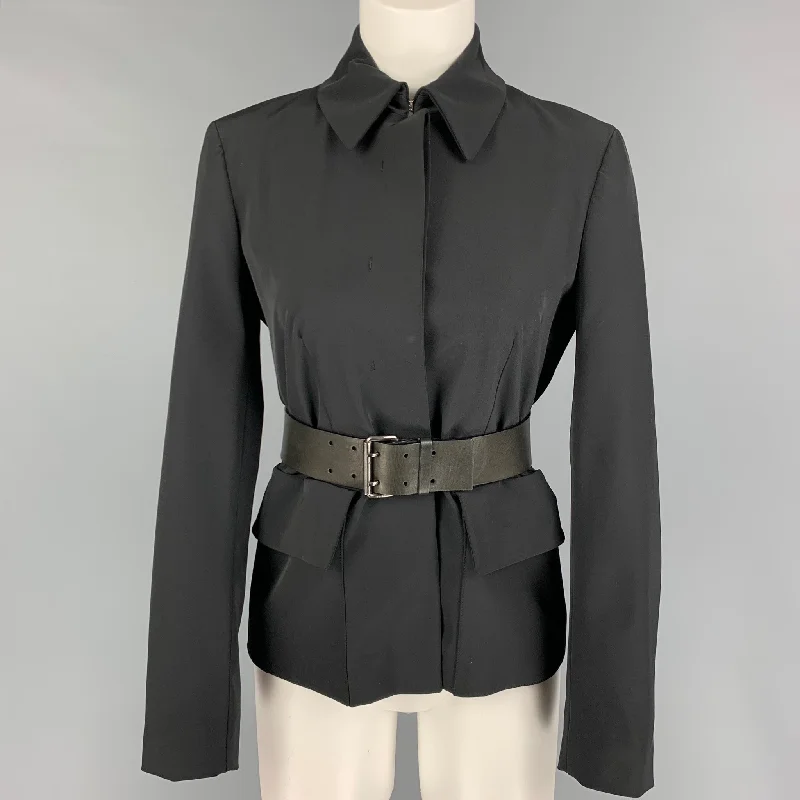 PRADA Size 4 Black Polyester Leather Belted Jacket Tailored Jacket Straight Jacket A-Line Jacket PRADA Size 4 Black Polyester Leather Belted Jacket Tailored Jacket Straight Jacket A-Line Jacket