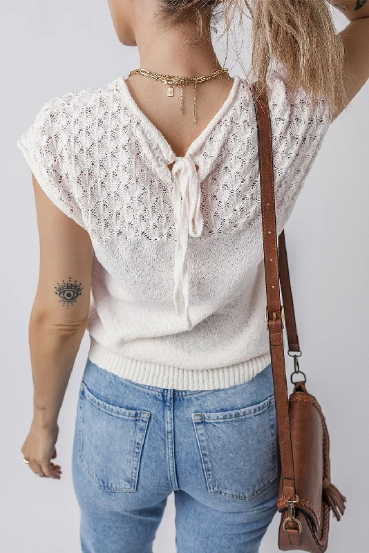 Tied Back Short Sleeve Sweater Turtle Neck Boat Neck Asymmetrical Neck