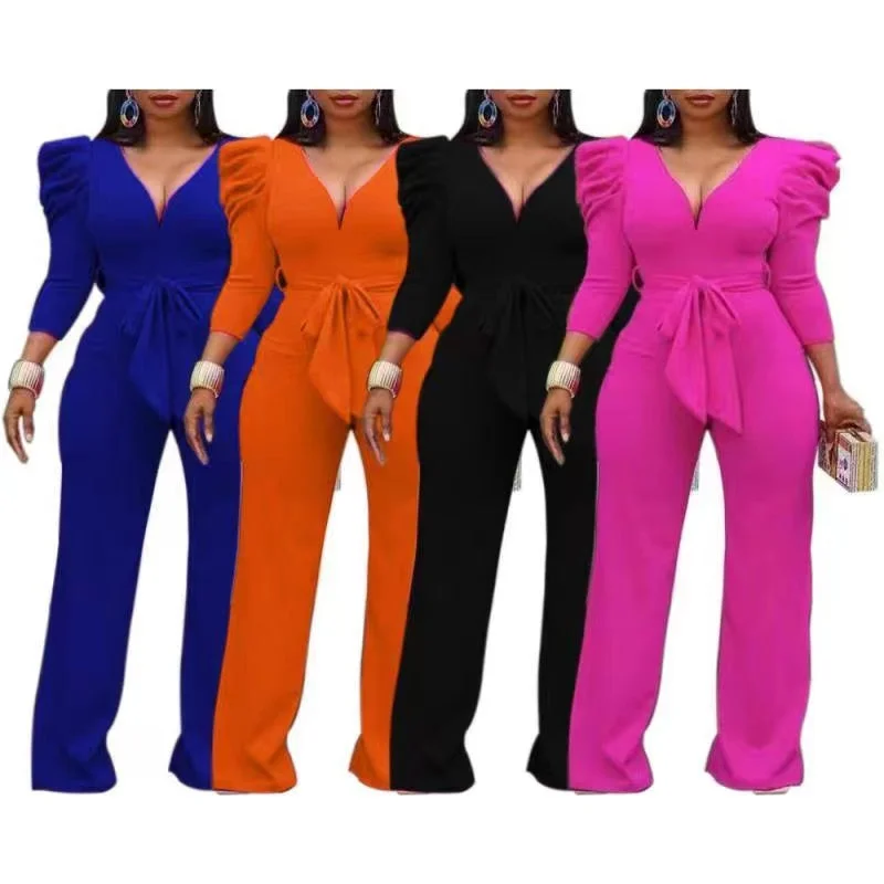 Wholesale temperament commuter V-neck pants jumpsuit with belt（CL9454） Chic Wool Trousers