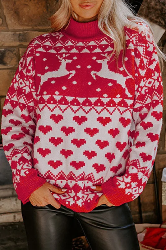Merry Christmas Reindeer Heart Pattern High Neck Sweater Print Jacquard Patchwork