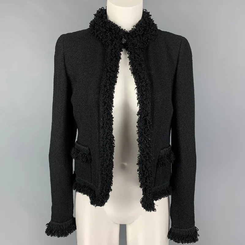 CHANEL Size 4 Black Wool Blend Open Front Jacket Notch Collar Peter Pan Collar Cowl Neck CHANEL Size 4 Black Wool Blend Open Front Jacket Notch Collar Peter Pan Collar Cowl Neck