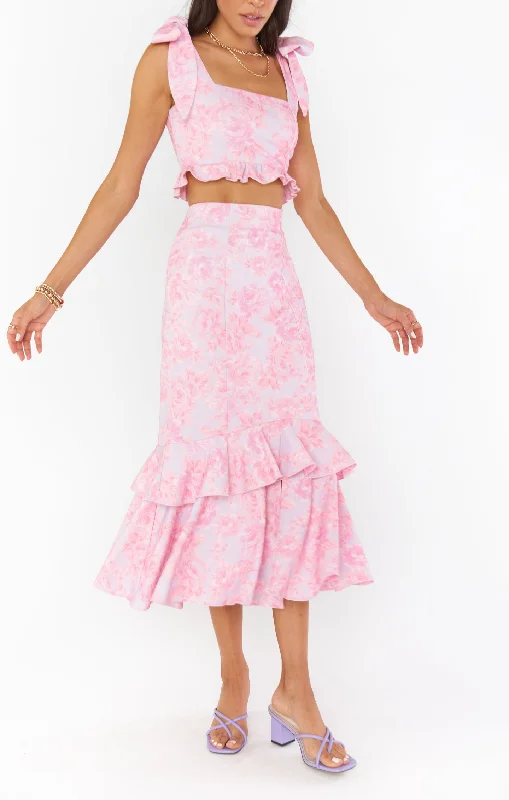 Dutchess Ruffle Skirt ~ Blushing Floral Stretch denim skirt casual