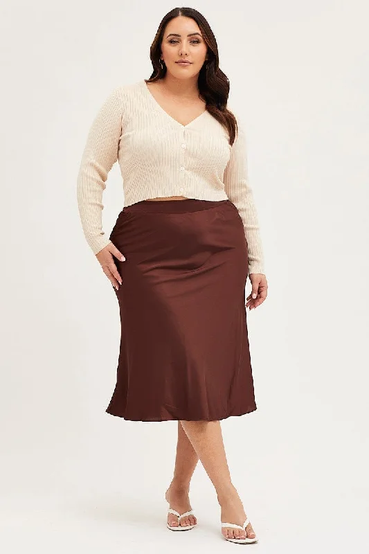 Brown Midi Satin Skirt Elastic Waist wool skirt warm