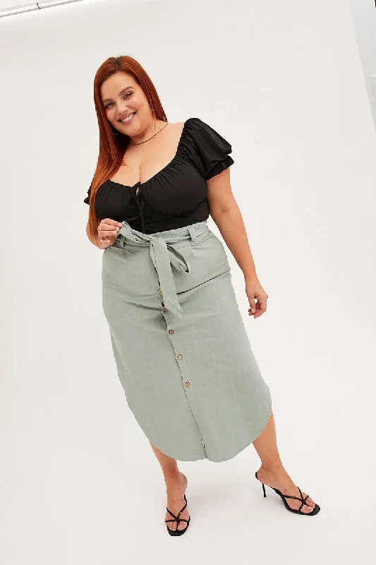 Sage Midi Skirt Button Front Linen Blend silk skirt lustrous