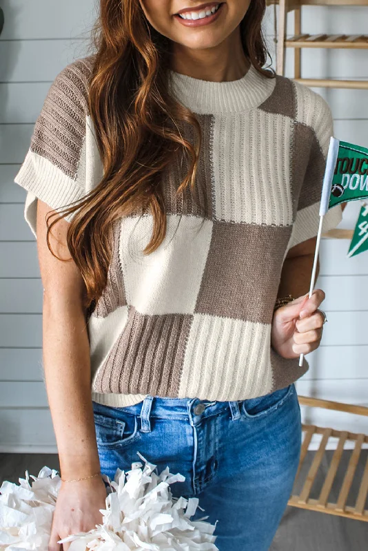 Checkered Color Block Crew Neck Short Sleeve Sweater Knit Fabric Woven Fabric Fleece Fabric Checkered Color Block Crew Neck Short Sleeve Sweater Knit Fabric Woven Fabric Fleece Fabric
