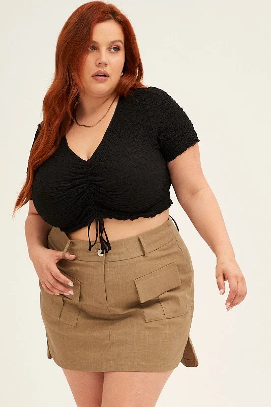 Green Cargo Mini Skirt Curve Hem denim skirt trendy