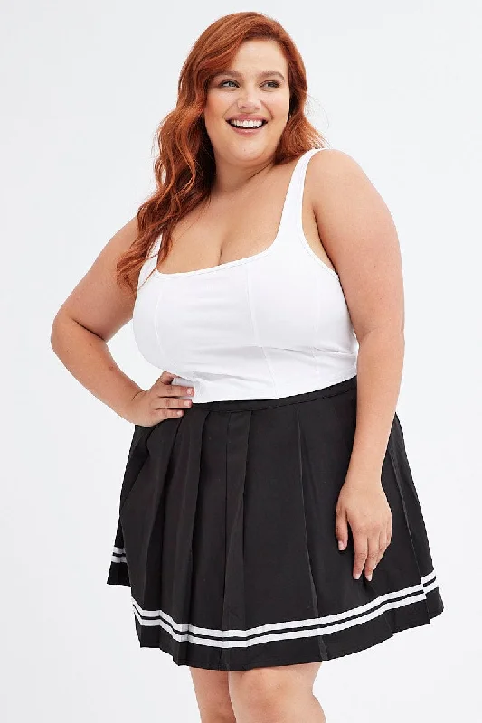 Black Tennis Skirt Mini Pleated Stripe Trim wool skirt warm