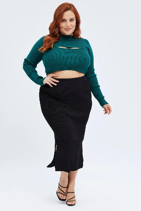 Black Knit Skirt Midi Side Split a-line skirt cut