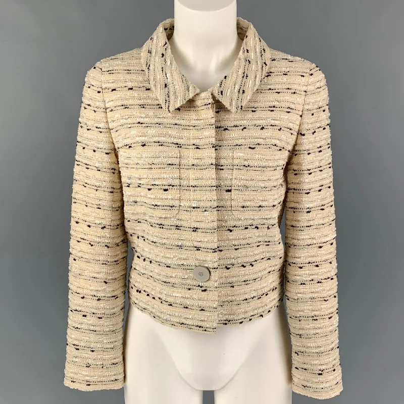 Vintage CHANEL BOUTIQUE R0098 99C Size 4 Cream Black Metallic Wool Blend Jacket Lace Jacket Ribbed Jacket Sequined Jacket Vintage CHANEL BOUTIQUE R0098 99C Size 4 Cream Black Metallic Wool Blend Jacket Lace Jacket Ribbed Jacket Sequined Jacket