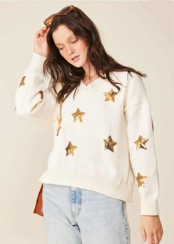 Gold Star Patch White v-neck Sweater Ribbed Striped Patterned