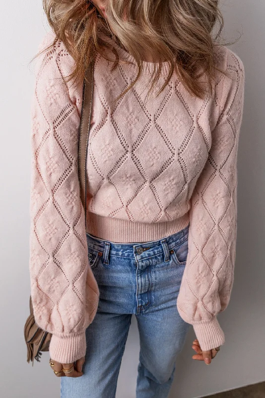 Openwork Plaid Puff Sleeve Cropped Sweater Fitted Slim Tailored