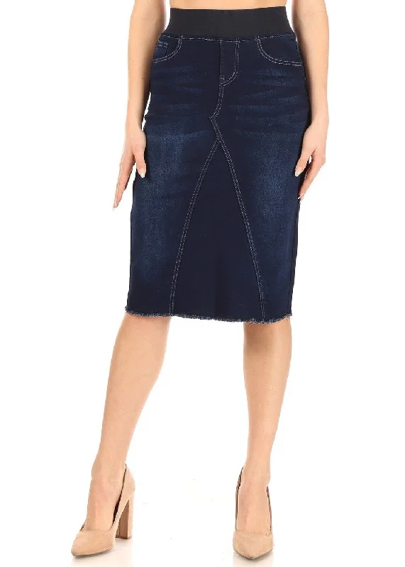 High Waisted Shaping Pullon Stretch Denim Calf Length Skirt (77617-SKT) mini skirt trendy