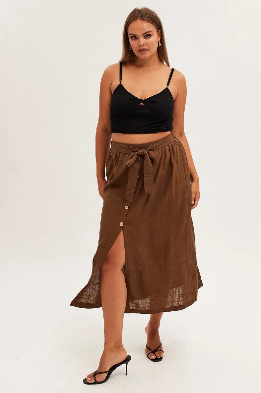 Brown Maxi Skirt Button Front Tie Waist leather skirt bold