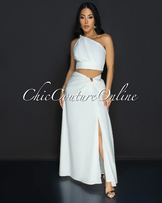 Ceci White Gold Accent Top & Skirt Two Piece Set elastic waist skirt