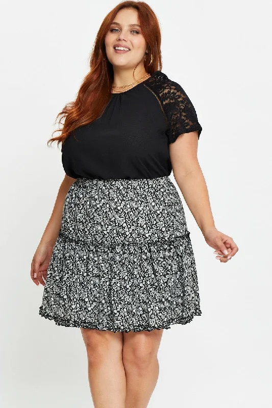 Floral Print Mini Skater Skirt Tie chiffon skirt airy