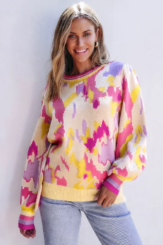 Abstract Print Colorblock Balloon Sleeve Sweater Spandex Rayon Corduroy