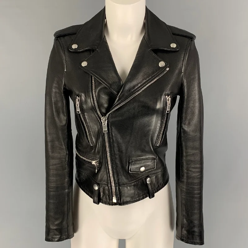 SAINT LAURENT Size 4 Black Lamb Skin Leather Biker Jacket Appliqued Jacket Beaded Jacket Sequined Jacket SAINT LAURENT Size 4 Black Lamb Skin Leather Biker Jacket Appliqued Jacket Beaded Jacket Sequined Jacket
