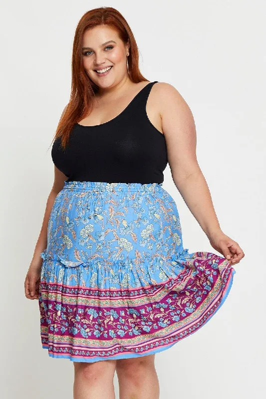 Boho Print Mini Skater Skirt Elastic Waist leather skirt bold