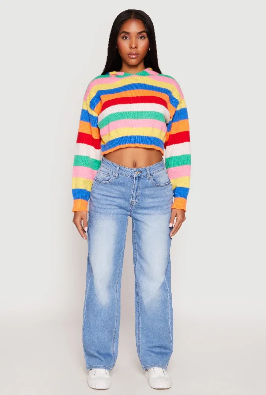 Daisy Striped Cropped Hooded Sweater Oversized Loose Flowy