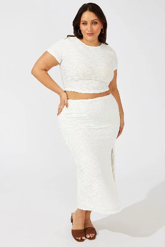 White Wavy Texture Bodycon Split Skirt wool skirt breathable