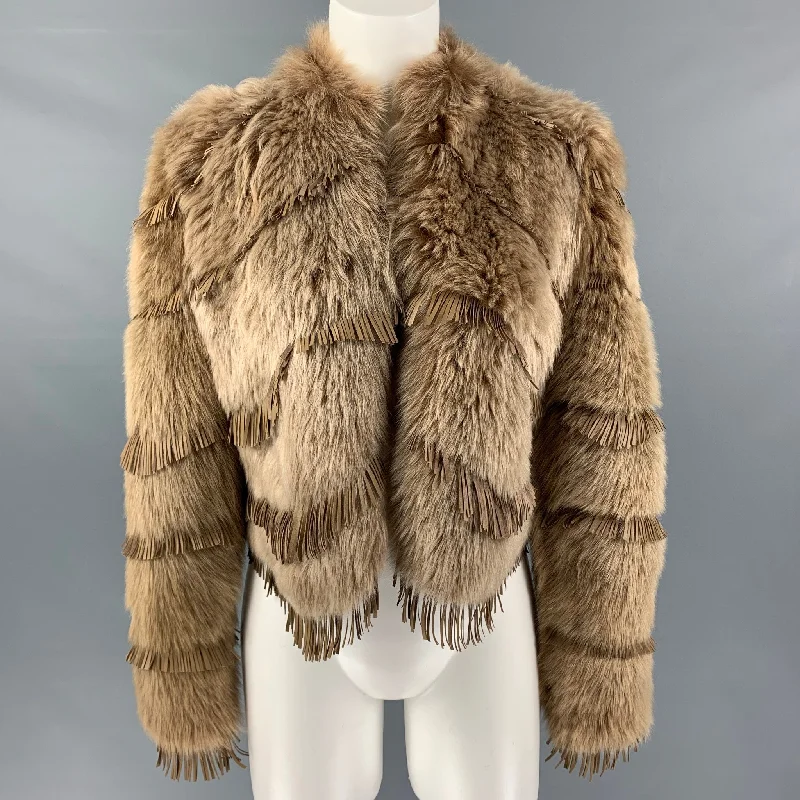 RALPH LAUREN Size 4 Tan Lamb Shearling Cropped Jacket Appliqued Jacket Beaded Jacket Sequined Jacket RALPH LAUREN Size 4 Tan Lamb Shearling Cropped Jacket Appliqued Jacket Beaded Jacket Sequined Jacket