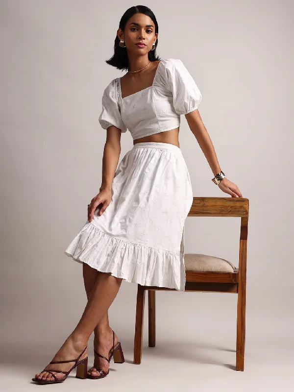 White Cotton Schiffli Fit & Flare Skirt Top Set low waist skirt