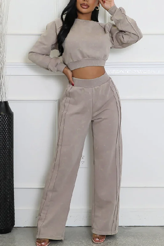 Stylish Round Neck Solid Sweater & Pants Set Lace Blend Ribbed Blend Corduroy Blend
