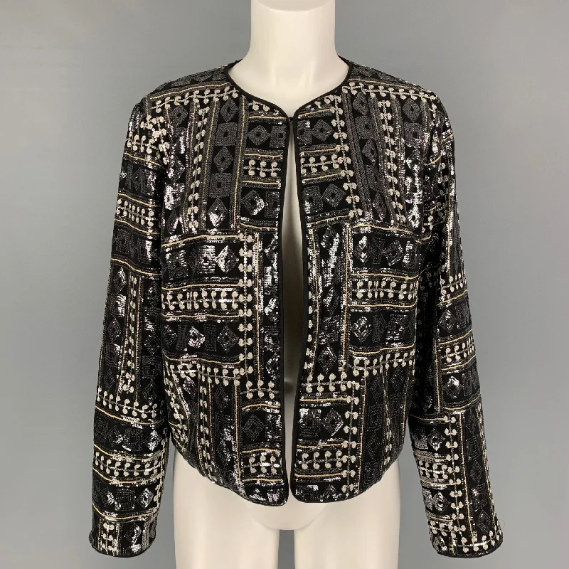 BOB MACKIE Size 10 Black Silver Polyester Embroidered Jacket Print Jacket Jacquard Jacket Patchwork Jacket BOB MACKIE Size 10 Black Silver Polyester Embroidered Jacket Print Jacket Jacquard Jacket Patchwork Jacket