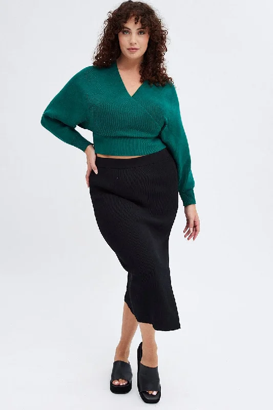 Black Knit Skirt Midi Side Split velvet skirt glossy