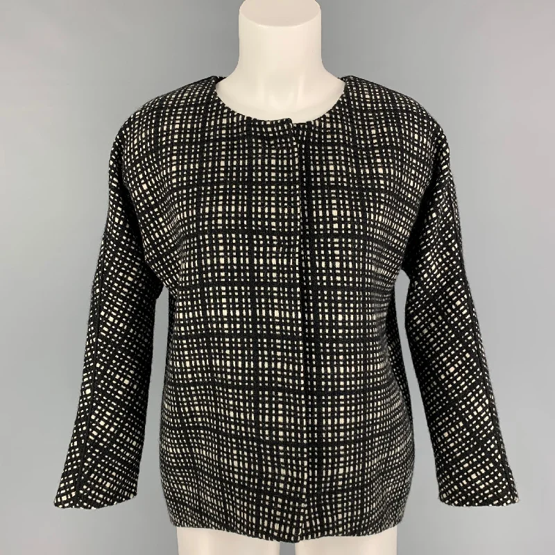 LAN JAENICKE Size 2 Black White Cashmere Checkered Jacket Rayon Fabric Velvet Fabric Corduroy Fabric LAN JAENICKE Size 2 Black White Cashmere Checkered Jacket Rayon Fabric Velvet Fabric Corduroy Fabric