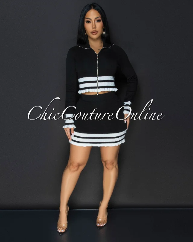 Dakota Black White Stripes Accent Top & Skirt Set velvet skirt plush