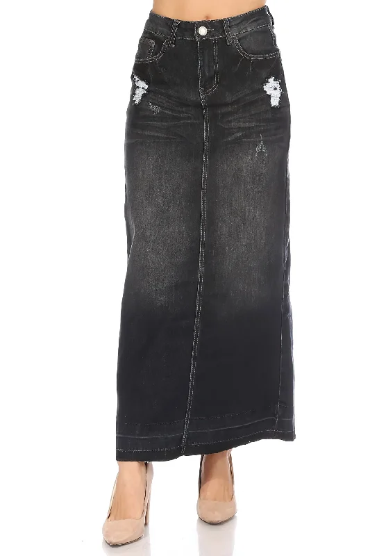 Long Aline Stretch Denim Ripped Maxi Skirt (87995-SKT) chiffon skirt floaty