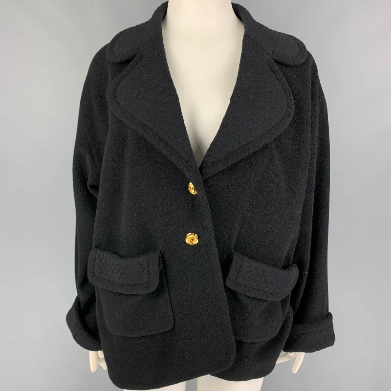 Vintage CHANEL Size 8 Black Wool Polyamide Mixed Patterns Oversized Jacket V-Neck Jacket Boat Neck Jacket Square Neck Jacket Vintage CHANEL Size 8 Black Wool Polyamide Mixed Patterns Oversized Jacket V-Neck Jacket Boat Neck Jacket Square Neck Jacket