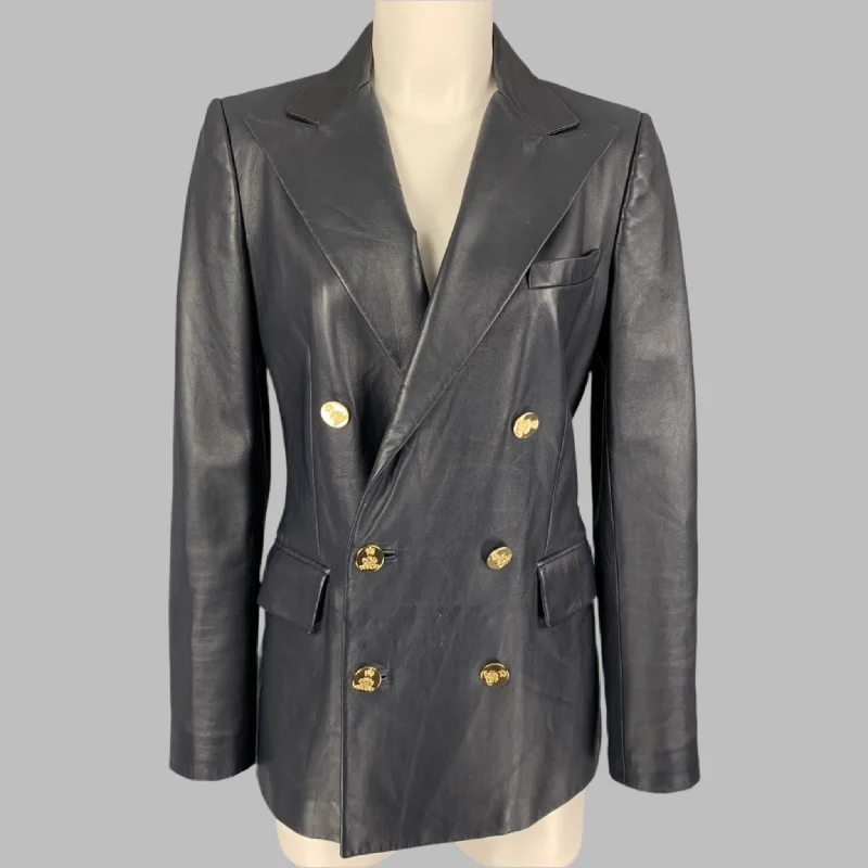 RALPH LAUREN Collection Size 8 Navy Lamb Skin Double Breasted Camden Jacket Snapped Jacket Toggled Jacket Drawstring Jacket RALPH LAUREN Collection Size 8 Navy Lamb Skin Double Breasted Camden Jacket Snapped Jacket Toggled Jacket Drawstring Jacket