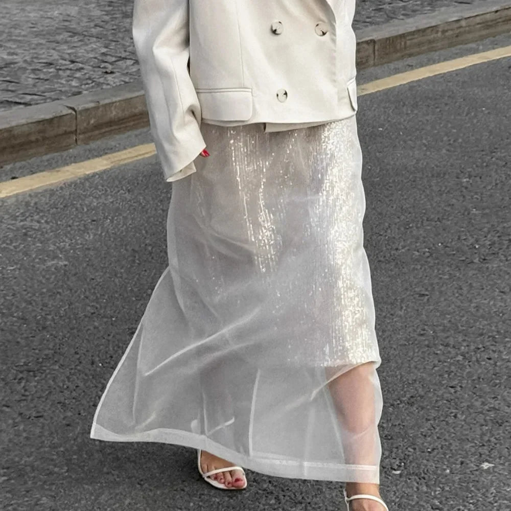 Lunivop White Mesh Midi Skirt Women Sexy See Through Straight Skirts Autumn Winter Casual Loose High Waist Skirt 2024 Holiday Outfits casual skirt length