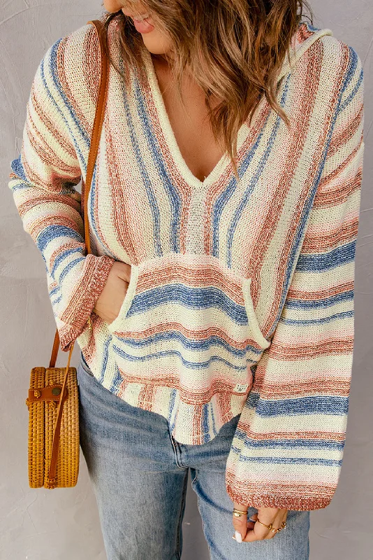 Striped Knit Kangaroo Pocket Hooded Sweater Anti-Pilling Anti-Shrink Durable