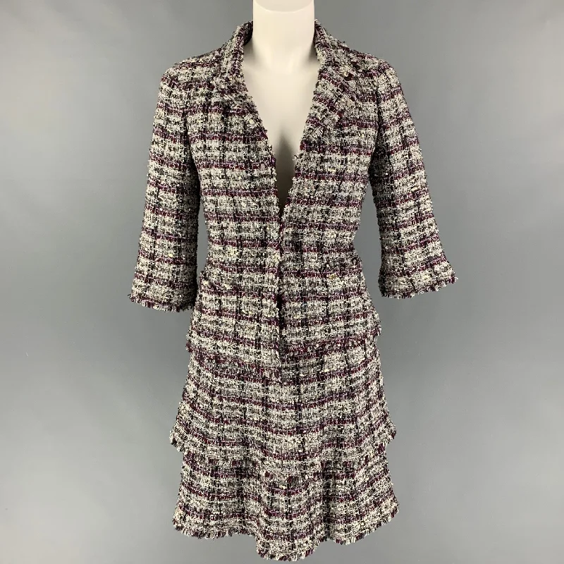CHANEL M4137 05A Size 4 Purple Grey Boucle Metallic Skirt Jacket Set Plaid Jacket Tartan Jacket Houndstooth Jacket CHANEL M4137 05A Size 4 Purple Grey Boucle Metallic Skirt Jacket Set Plaid Jacket Tartan Jacket Houndstooth Jacket