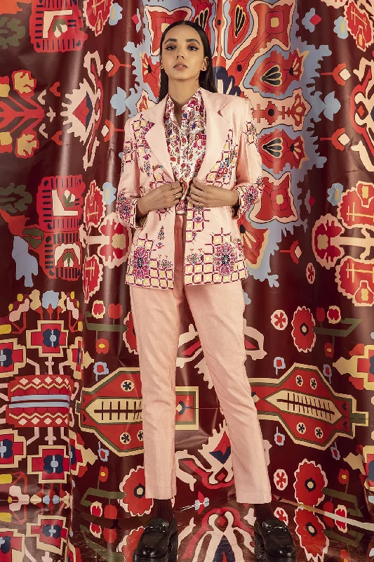 Blush Pink Embroidered Blazer & Pants In Handloom Organic Cotton Silk Set Casual Wide Pants