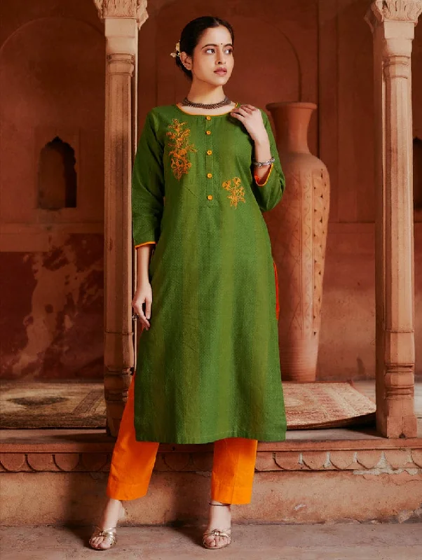 Embroidered Handloom Cotton Kurta Pants Set 3654 Stylish Slim Trousers