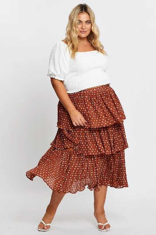 Brown High Waist Frill Tiered Midi Skirt linen skirt airy