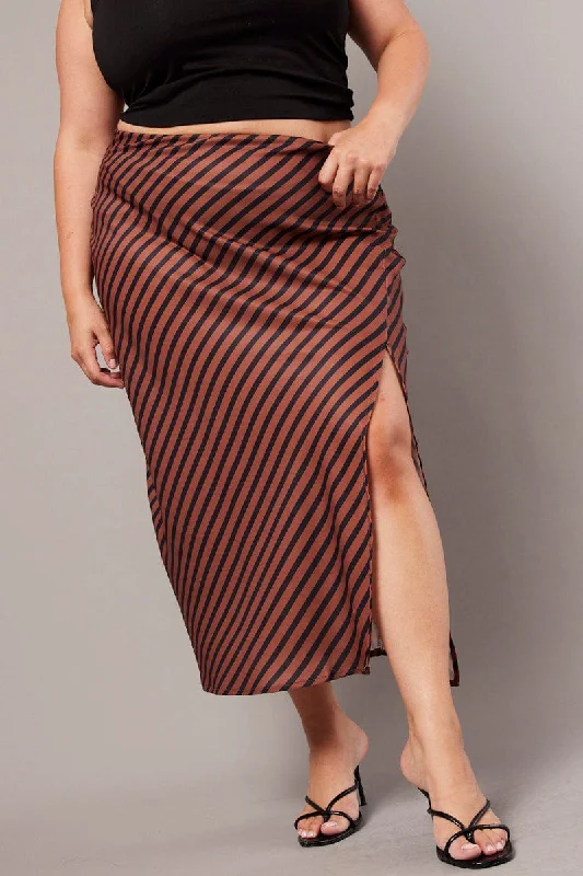 Brown Stripe Stripe Split Midi Skirt midi skirt versatile